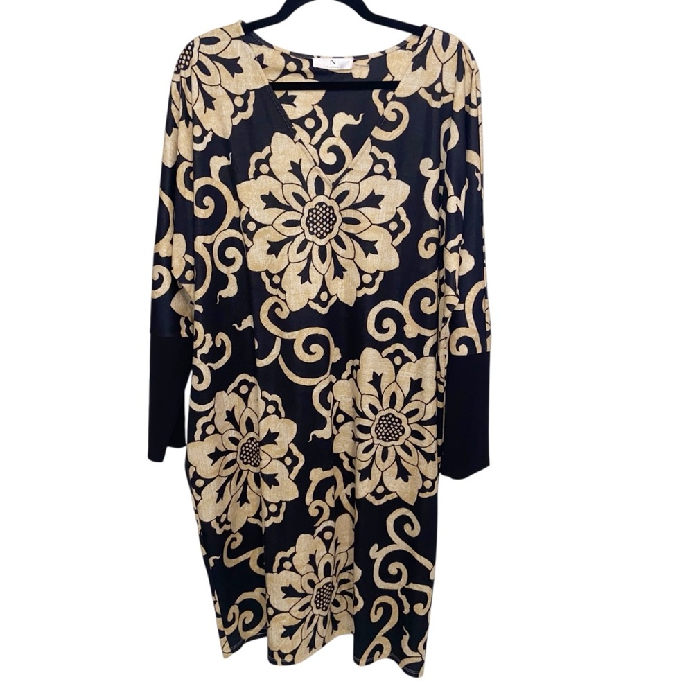 Natori Dress Womens 1XL Black Gold Floral Lounge Housedress Muu Muu Relaxed